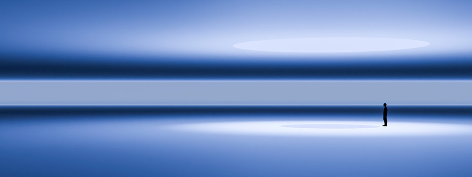 3D tiny silhouette in layered blue horizon with floating oval light and reflective floor
