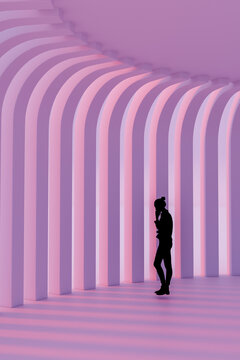 3D silhouette inside pink ribbed corridor with repeating arches and soft shadow