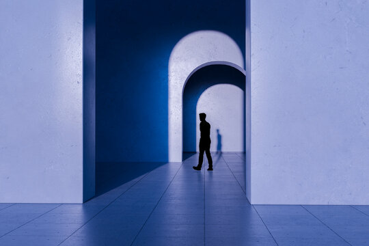 3D walking silhouette inside blue nested arch corridor with cool geometric shadows