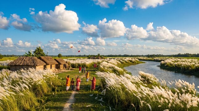 Rural village landscape with blooming white kash phool along river bank