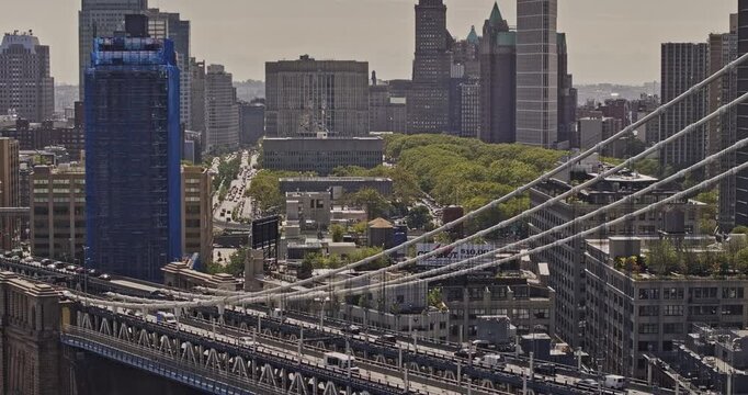 NYC New York Aerial v406 flyover East river capturing traffic on Manhattan bridge, views of Dumbo neighborhood and Downtown Brooklyn cityscape - Shot with Mavic 3 Pro Cine - September 2023