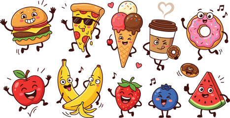 Obraz premium Set of cute cartoon food characters including burger, pizza, ice cream, coffee, donut, and fresh fruits