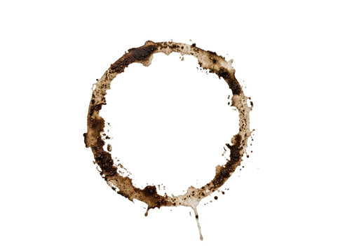 Dark brown coffee cup stain ring isolated on transparent background as a realistic grunge textured circle element
