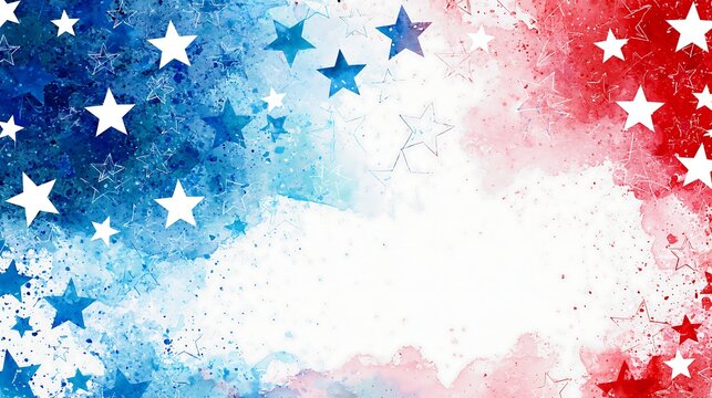 Patriotic american flag colors with watercolor texture, featuring white stars on a blue and red background, for independence day celebrations