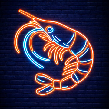 Bright orange and blue neon sign shaped like a delicious shrimp mounted on a brick wall