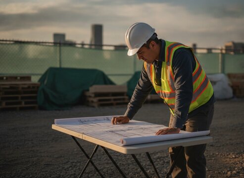 Engineer reviewing large-format structural drawings on portable site table outdoors