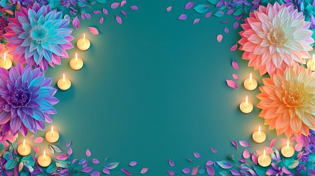 Colorful dahlia flowers and glowing tea light candles arranged on a teal background, creating a festive and peaceful spa or wellness setting