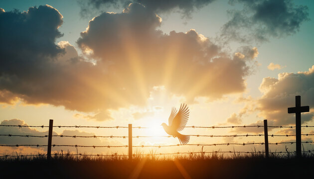 Dove flying over barbed wire at sunset, symbol of peace and remembrance