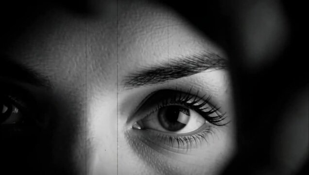 Close up black and white portrait of a woman looking directly at the camera.