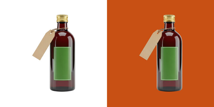 Amber glass bottle with blank label mockup 3d render transparent png