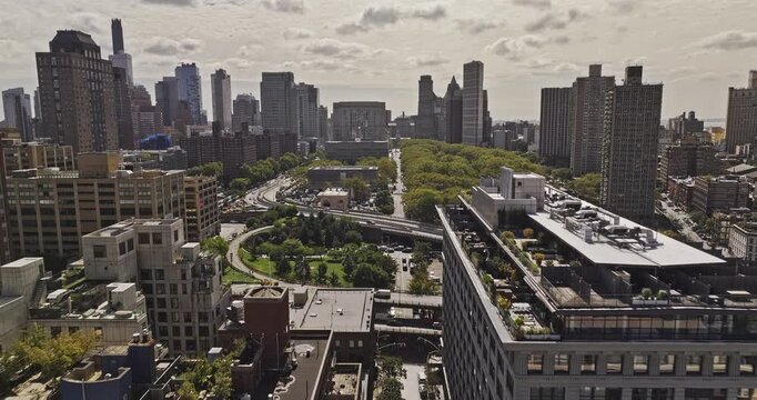 NYC New York Aerial v412 low flyover Dumbo neighborhood above Washington street towards downtown Brooklyn capturing Cadman Plaza Park and urban cityscape - Shot with Mavic 3 Pro Cine - September 2023