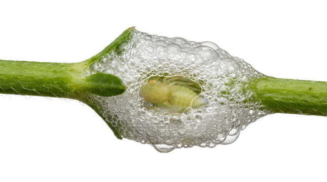 Close-up of aphid cocoon on plant stem with transparent webbing.