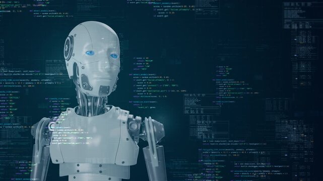 Motion graphic of a humanoid robot standing before glowing digital code, representing artificial intelligence in cybersecurity, machine learning, and futuristic automated data processing.
