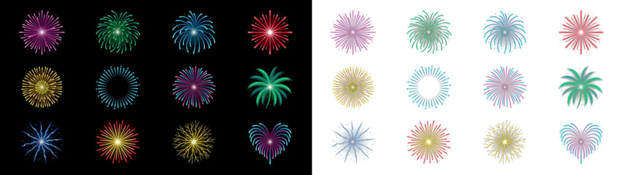 Bright colorful fireworks collection set on black and transparent background