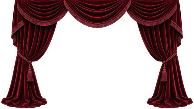 Luxurious burgundy red velvet theater curtains elegantly draped