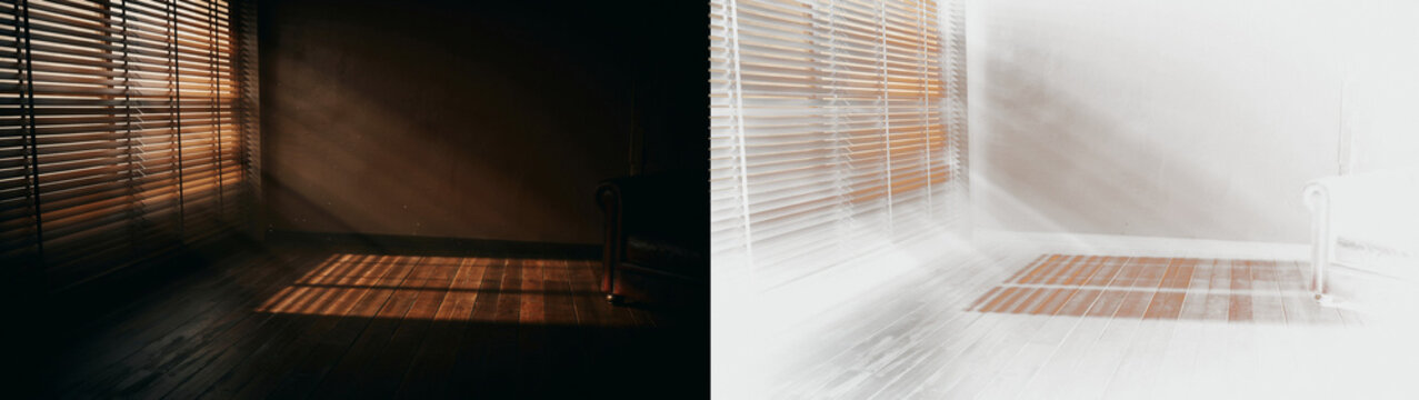 A splitscreen comparison of a room interior showing the same scene in both highcontrast dark lighting and highkey bright overexposed lighting with window blinds isolated on transparent background