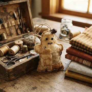 rustic primitive patchwork farmhouse decor Vintage sewing kit with spools, needles, fabric, and a handmade doll on table
