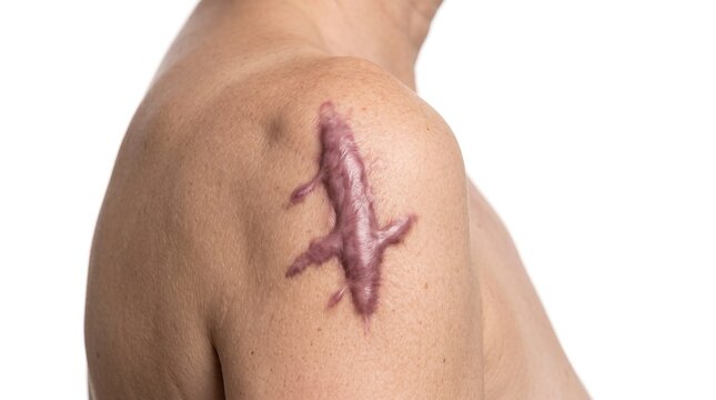 Macro view of a severe raised keloid scar on the shoulder of a patient