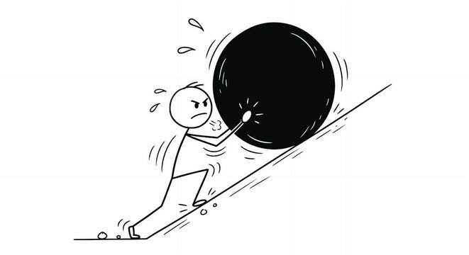Stick Figure Pushing Heavy Boulder Uphill