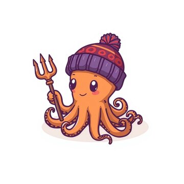 ​Minimalist vector illustration of a cute baby octopus wearing a beanie and holding a trident, isolated on white background