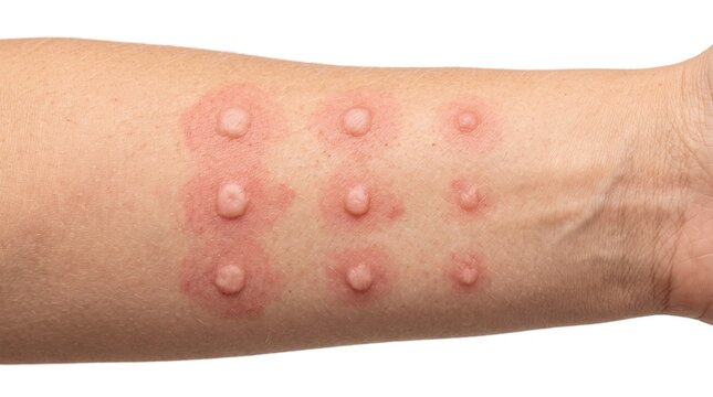 Close up of allergy skin prick test showing positive histamine reactions and welts