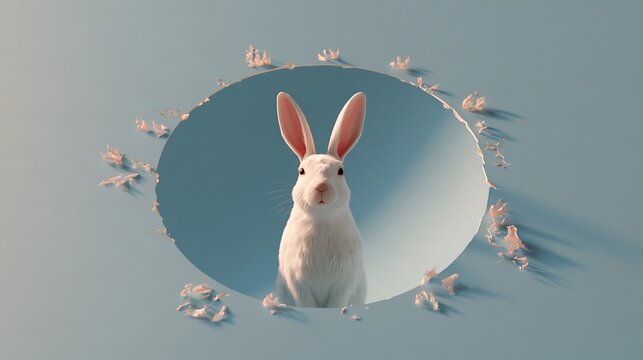 White rabbit head peeking through a circular hole in a light blue paper background, with scattered paper, petals and soft, shadows around the edges