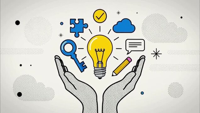 Conceptual illustration of human hands holding a lightbulb surrounded by creative business icons.
