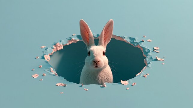 White rabbit head peeking through a circular hole in a light blue paper background, with scattered paper, petals and soft, shadows around the edges