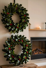 Obraz premium Christmas holiday home decor, festive holly wreaths hanging on wall with cozy fireplace and warm candlelight in background for winter seasonal interior