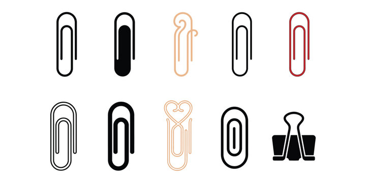 Collection of paperclips in various colors and styles isolated on white