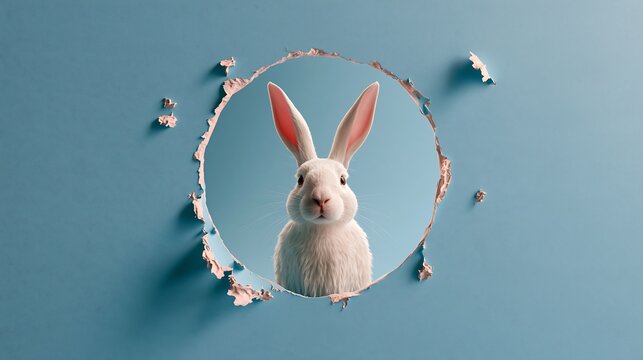 White rabbit head peeking through a circular hole in a light blue paper background, with scattered paper, petals and soft, shadows around the edges