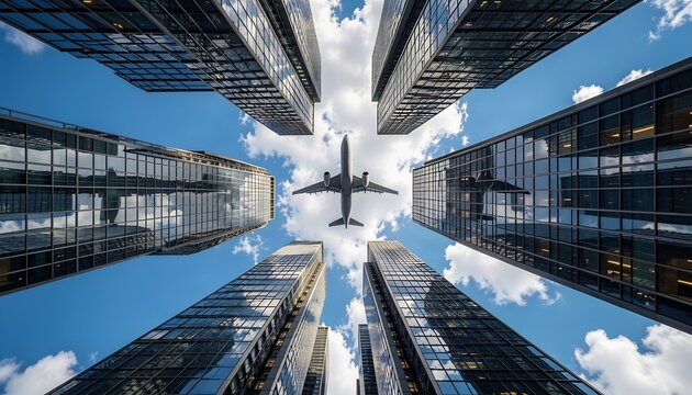 Commercial airplane. Low angle upward view of a passenger jet flying right through the center of tall glass modern corporate skyscrapers and office towers.