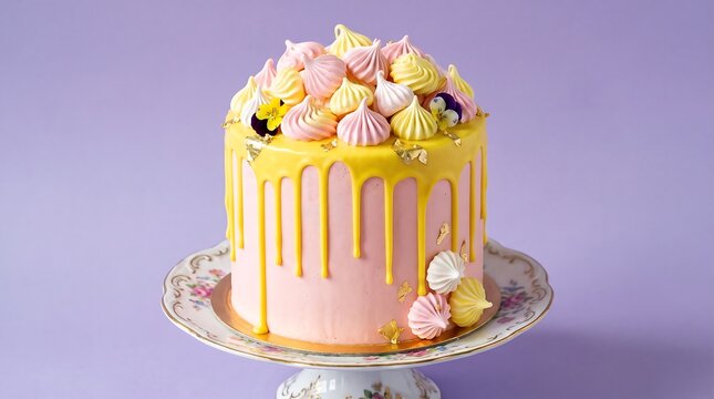 A delightful and beautifully decorated birthday cake featuring a vibrant yellow drip and pastel colored meringue kisses perfect for celebrations