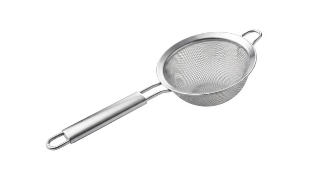 Stainless steel mesh strainer, metallic kitchen colander, metal sieve tool for cooking and baking preparing food isolated PNG with Transparent Background
