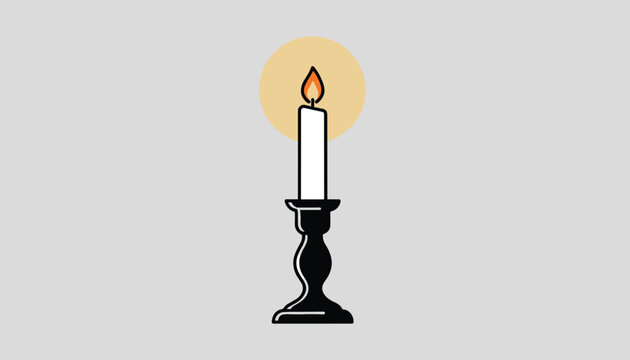 Elegant black candlestick holder with a burning white candle emitting a warm yellow glow against a light gray background.