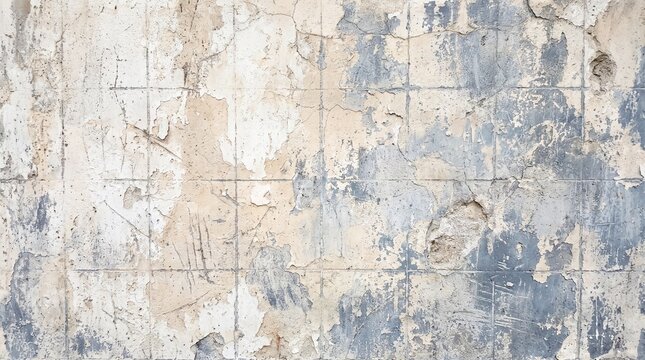 Weathered tiled wall with peeling paint
