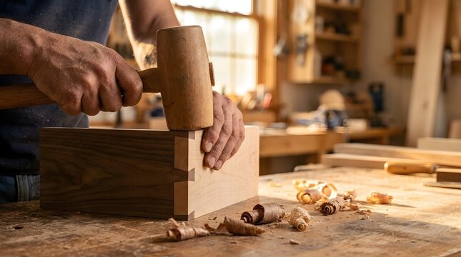 Carpenter using wooden mallet to fit a dovetail joint on a wood box in a sunlit workshop with golden lighting.