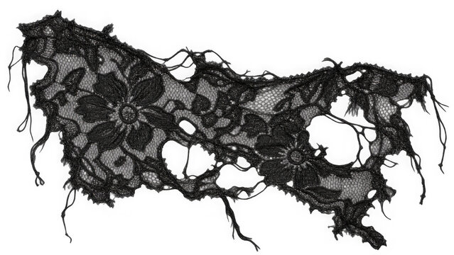 Distressed tattered black lace fabric piece with frayed edges