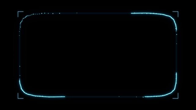 Blue neon glowing frame with particle effect border animated digital overlay for creative design.