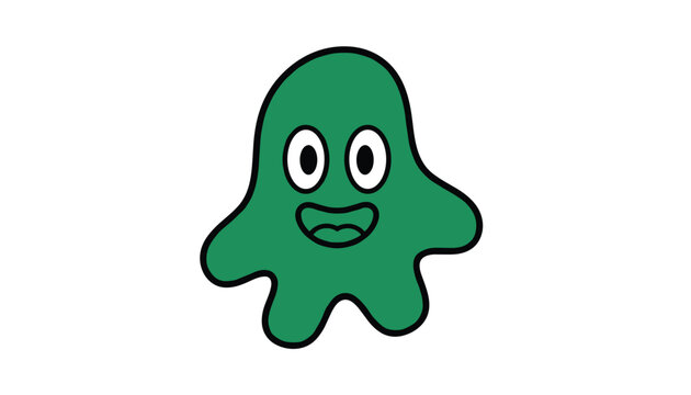 A funny and friendly green blob monster character with big round eyes and a wide happy smile, rendered in a clean vector style with a bold black outline.