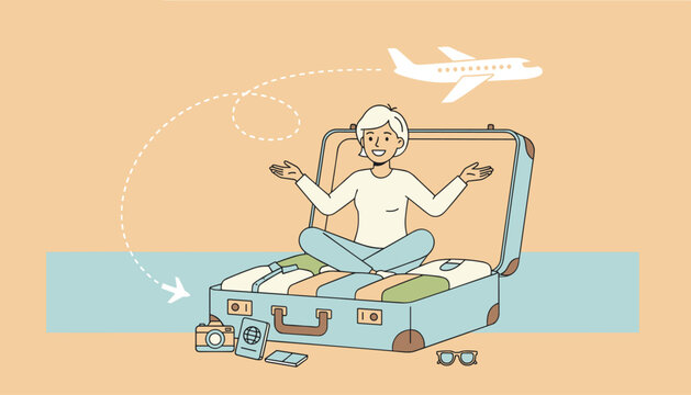 Excited senior woman sitting inside open suitcase packed for travel with airplane flying in the sky background.