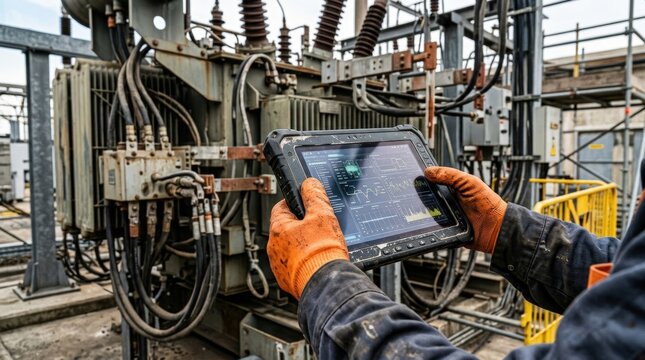 Engineer using rugged tablet for equipment diagnostics at industrial facility