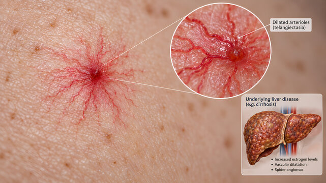 Human skin showing a spider angioma a central red papule with radiating telangiectatic vessels like a spider zoomed inset showing the dilated arterioles and the underlying associated liver disease
