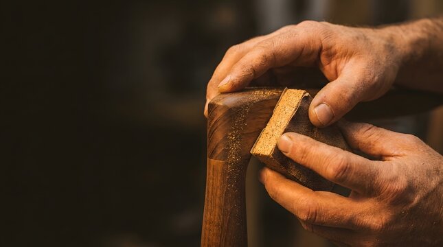 Craftsman hands sanding curved wood furniture with a sanding block in a dark workshop with warm dramatic light