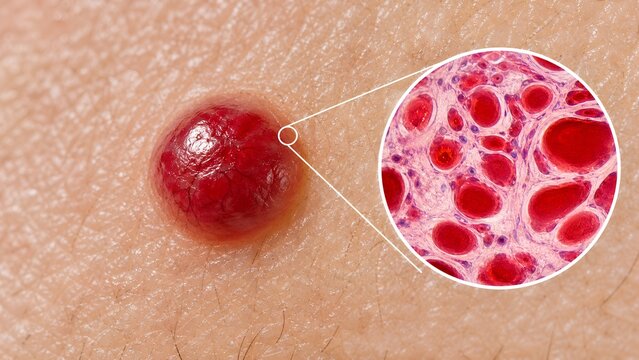 Human skin showing cherry angioma a bright red dome shaped papule benign vascular proliferation zoomed inset showing the dilated capillaries and the endothelial cells for medical dermatology education