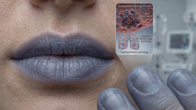 Clinical view of central and peripheral cyanosis with bluish discoloration of lips and fingertips from low oxygen saturation inset detailing deoxygenated hemoglobin and cardiopulmonary condition