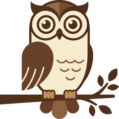 Obraz premium Flat Vector Illustration of Wise Brown Owl Perched on Tree Branch