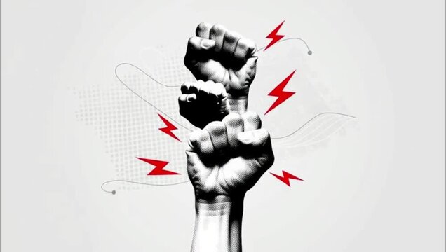 Graphic illustration of raised fists symbolizing protest resistance and social power.