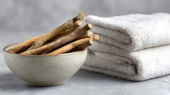 Miswak herbal chewing sticks resting inside a ceramic bowl beside folded white cotton towels on a table