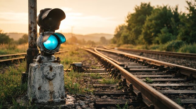 Vintage railway signal light with glowing green light, train tracks at sunset, rusty railroad track switch during golden hour warm glow